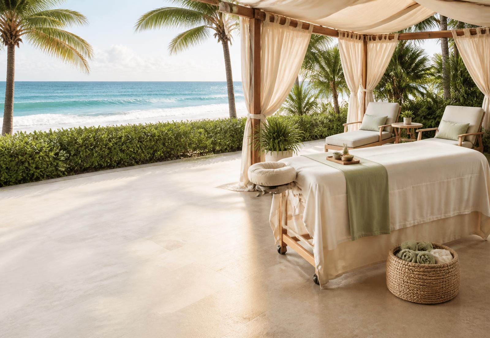 Sunlit outdoor massage table and seating overlooking a Miami beach